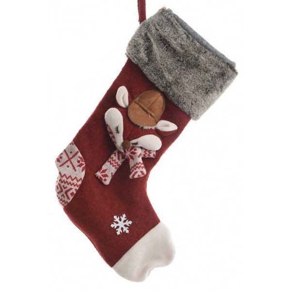 Χριστουγεννιάτικη Διακοσμητική Κάλτσα, Κόκκινη με Γουνάκι και Ανάγλυφο Σκιουράκι (50cm)